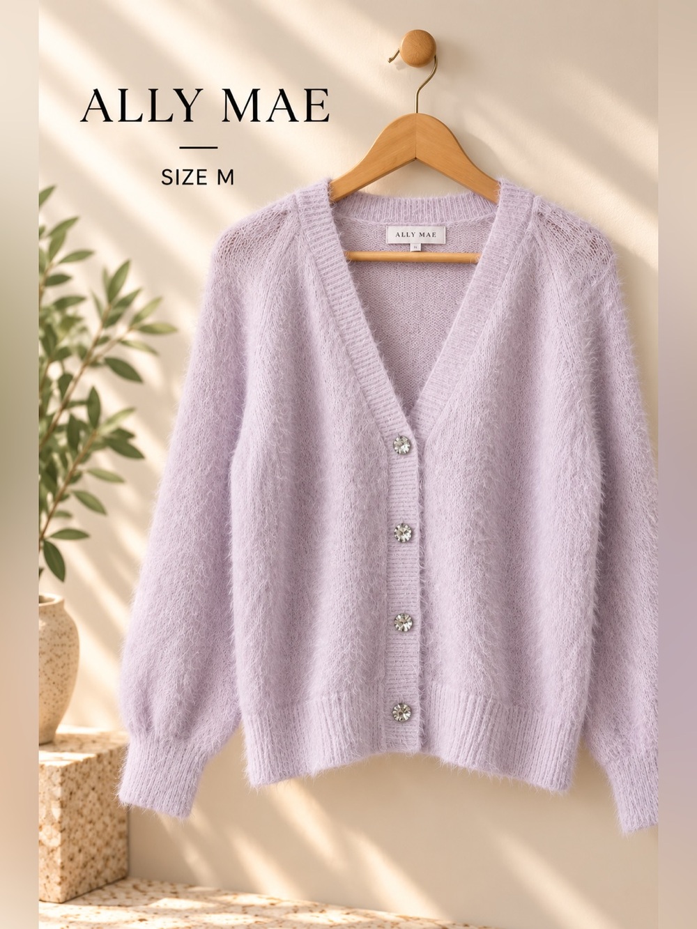 Ally Mae Lavender Fuzzy Eyelash Knit Crystal Button Cardigan Medium